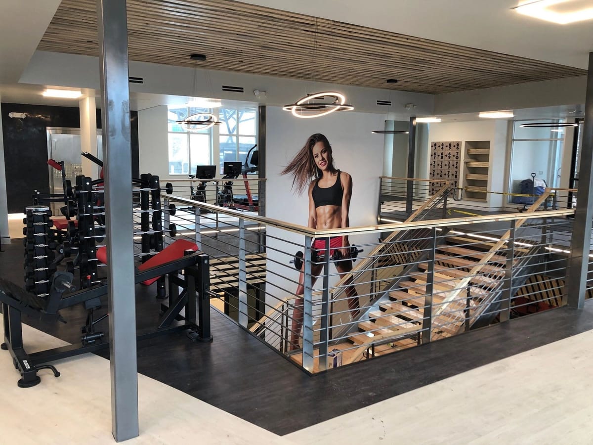 A two-level fitness club interior with cable railings and a full-height mural