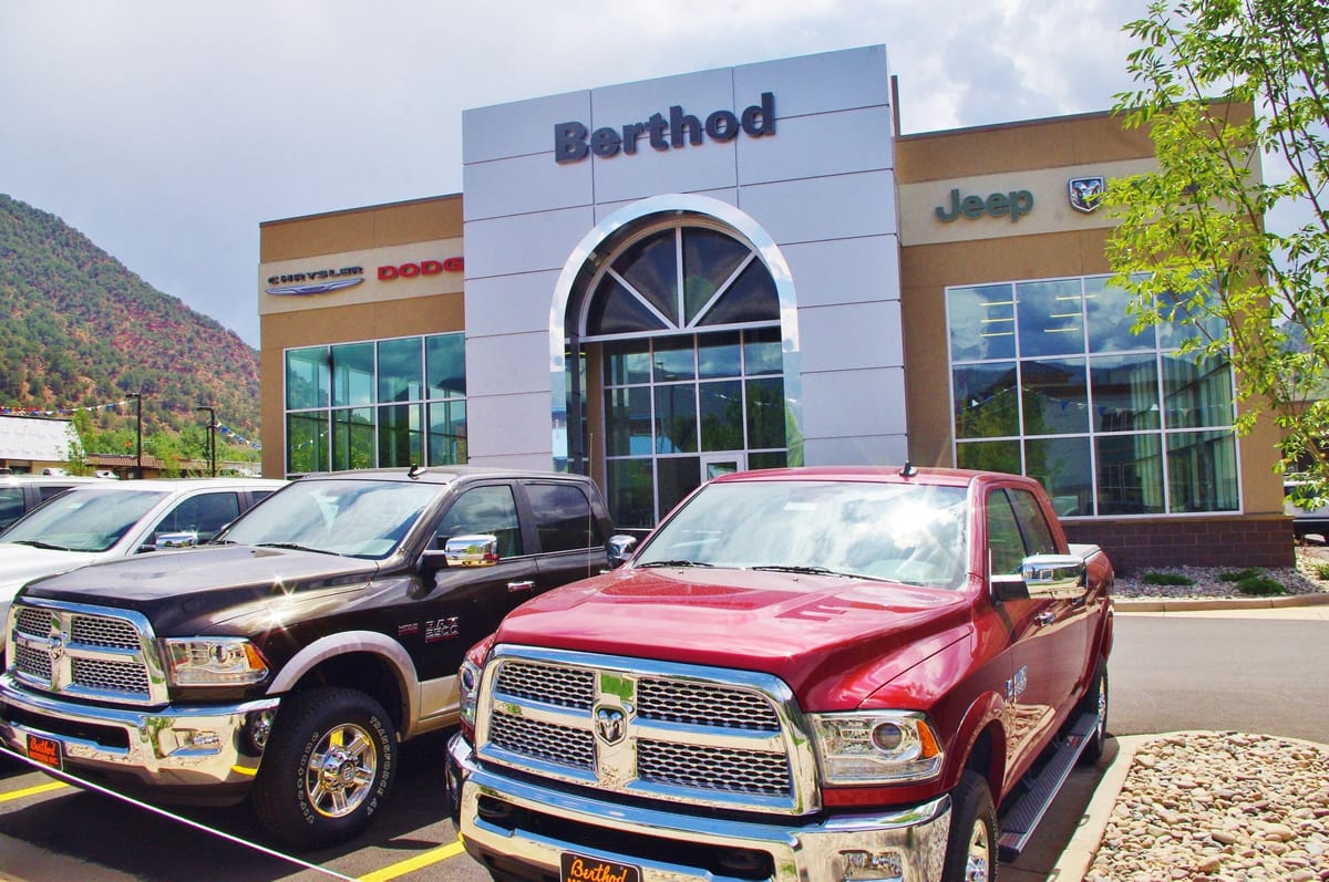 The Berthod Motors dealership showroom exterior with vehicles on the lot